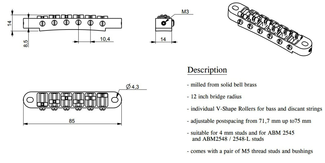 【お取り寄せ/代引不可】ABM/ABM2400n-RO ローラーサドル ナッシュビルブリッジセット (インチ規格) ニッケル / ギターパーツ ブリッジ