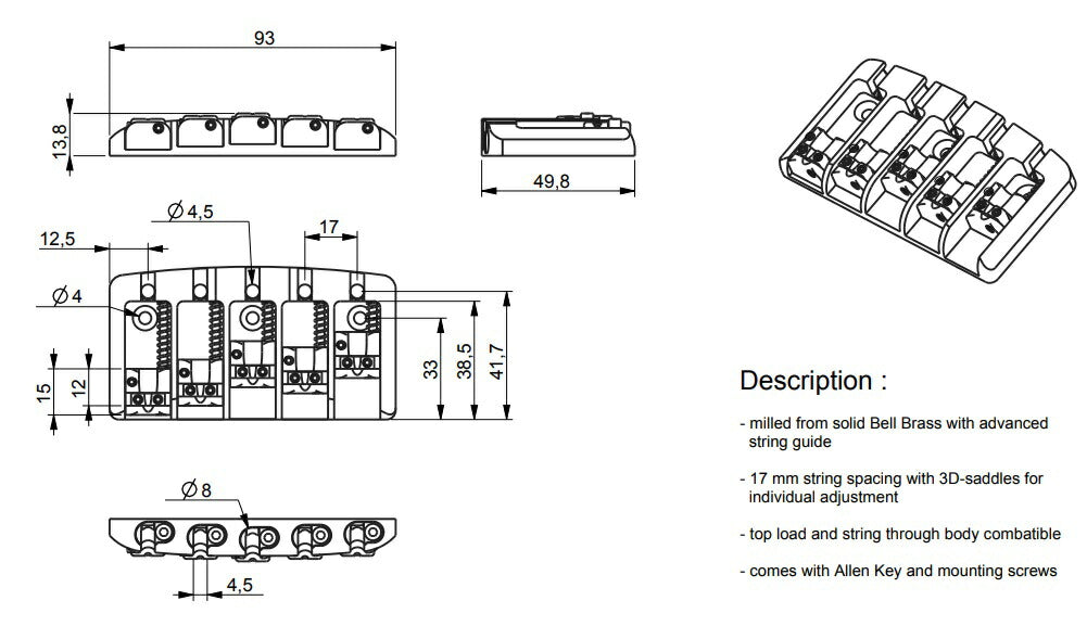 ABM/ABM3705C17 MkII 5弦ベース用 ベルブラスブリッジ 弦間17mm クローム / ベースパーツ ブリッジ