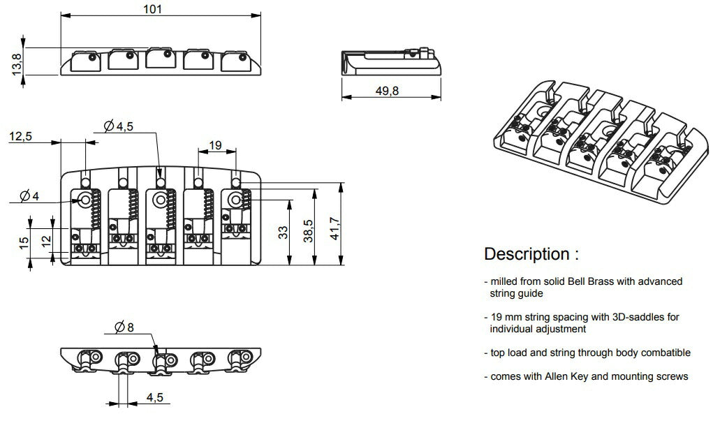 【お取り寄せ/代引不可】ABM/ABM3705C19 MkII 5弦ベース用 ベルブラスブリッジ 弦間19mm クローム / ベースパーツ ブリッジ