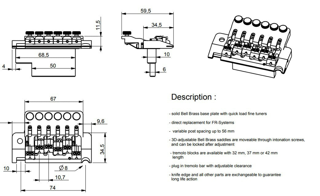 【お取り寄せ/代引不可】ABM/ABM5400B "Katana" ファインチューンブリッジ フロイドローズクラシックから置き換え可能 ブラック / ギターパーツ トレモロ フロイド ローズ ブリッジ