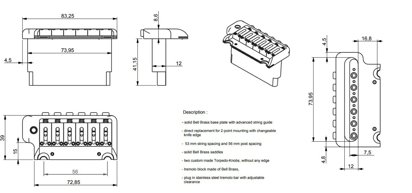 ABM/ABM5200C PRSタイプの2点支持トレモロ / ギターパーツ トレモロ ブリッジ