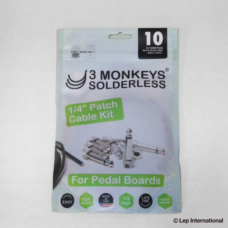 3 Monkeys Solderless　ソルダーレス パッチケーブルキット 1/4" Pedalboard Patch Cable Kit　【ゆうパケット対応可能】　切ってねじ込むだけの簡単キット / プラグ10個+ケーブル3m入り / LS (SL) 兼用 / はんだ不要 ソルダーフリー DCケーブル 自作キット